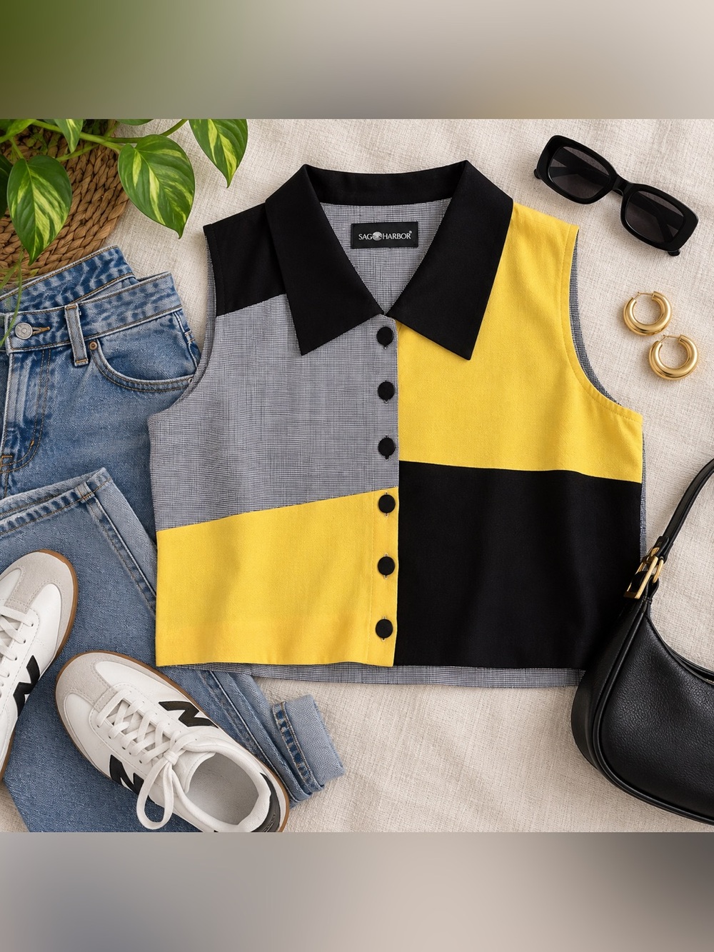Sag Harbor Vintage Colorblock Crop Top Button Front Black Yellow